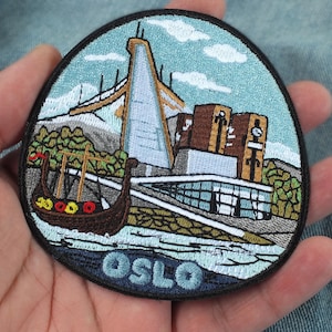 Oslo Aufnäher Norwegen Opernhaus Kunstwerk Wikinger Schiff Museum Abzeichen Haken und Schleife Skandinavien Reise Souvenir Gestickt Aufnäher