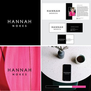 Op de afbeelding: Een verzameling brandingmaterialen met de naam "HANNAH NOKES" in een strak, schreefloos lettertype. De materialen omvatten een logo op een zwarte achtergrond, visitekaartjes, een brochure en een telefoon met het logo. Een roze blad en een koffiekopje zijn ook zichtbaar.