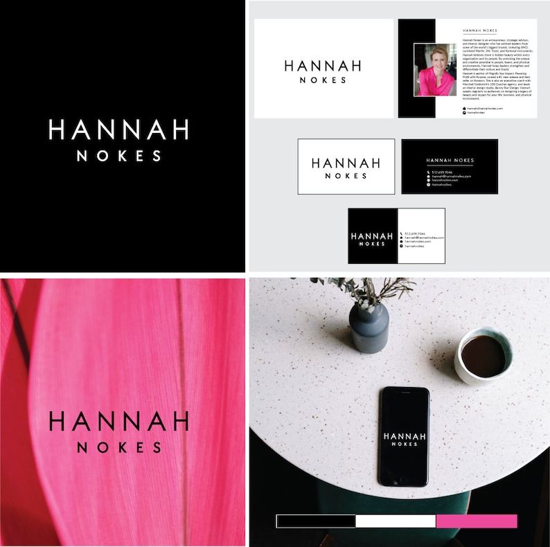 Op de afbeelding: Een verzameling brandingmaterialen met de naam "HANNAH NOKES" in een strak, schreefloos lettertype. De materialen omvatten een logo op een zwarte achtergrond, visitekaartjes, een brochure en een telefoon met het logo. Een roze blad en een koffiekopje zijn ook zichtbaar.