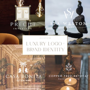 Op de afbeelding: Een collage van logo's voor interieurontwerp- en spabedrijven. De logo's bevatten tekst zoals "PRECHT INTERIORS", "SPA WESTON ESCAPE", "CASA BONITA INTERIORS" en "COPPER TREE RETREAT MASSAGE MEDSPA". De centrale afbeelding luidt "CUSTOM LUXURY LOGO + BRAND IDENTITY".