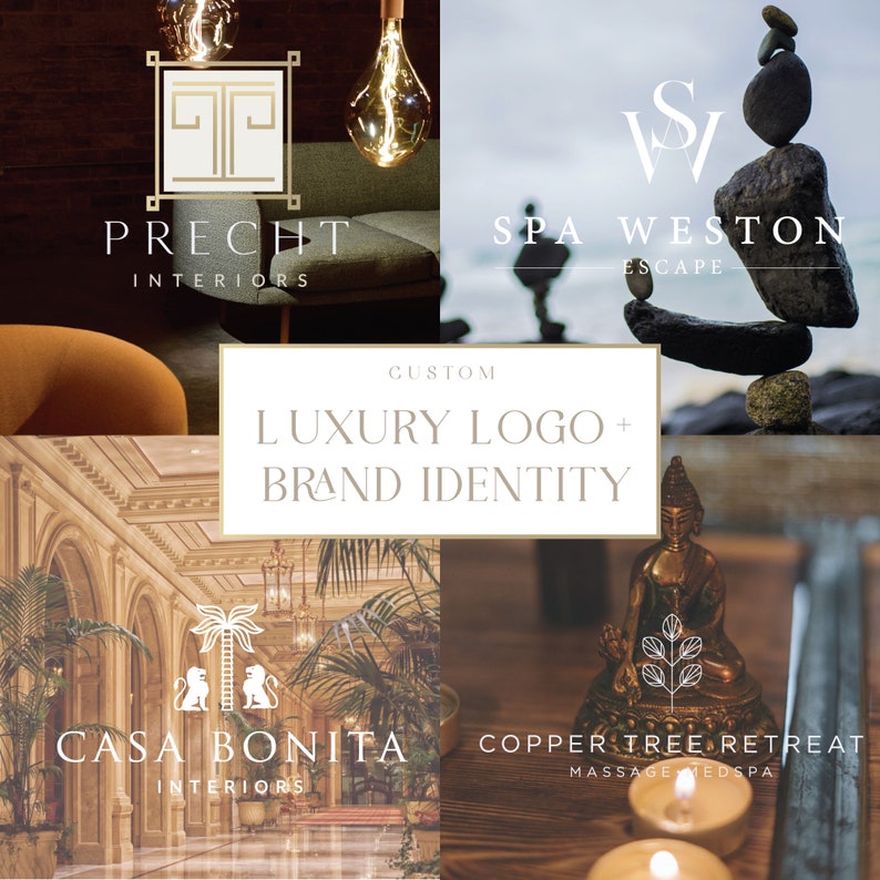 Op de afbeelding: Een collage van logo's voor interieurontwerp- en spabedrijven. De logo's bevatten tekst zoals "PRECHT INTERIORS", "SPA WESTON ESCAPE", "CASA BONITA INTERIORS" en "COPPER TREE RETREAT MASSAGE MEDSPA". De centrale afbeelding luidt "CUSTOM LUXURY LOGO + BRAND IDENTITY".