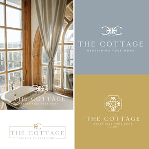 Op de afbeelding: Afbeelding van een badkamer met een vrijstaand bad, houten ramen en een cr&egrave;mekleurig gordijn. Het logo "The Cottage" wordt in verschillende ontwerpen getoond, vergezeld van de slogan "Redefining Your Home". Het logo bevat ook de tekst "Est. 2001".