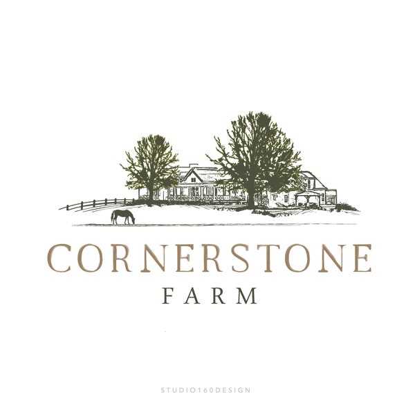 Farm Logo - Cottage Logo - Custom Logo Design - Illustration Design - Rustic Farm Logo - Landscape Art - Hand drawn Logo - Farmhouse Logo