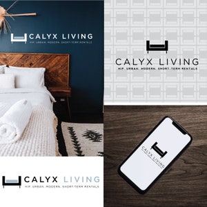 Op de afbeelding: De afbeelding toont het logo van Calyx Living, een bedrijf voor kortetermijnverhuur. Het logo, met een bedpictogram en de tekst "CALYX LIVING", wordt vergezeld door de slogan "HIP. URBAN. MODERN. SHORT-TERM RENTALS." Het logo verschijnt op een telefoon, een muur en een patroon.