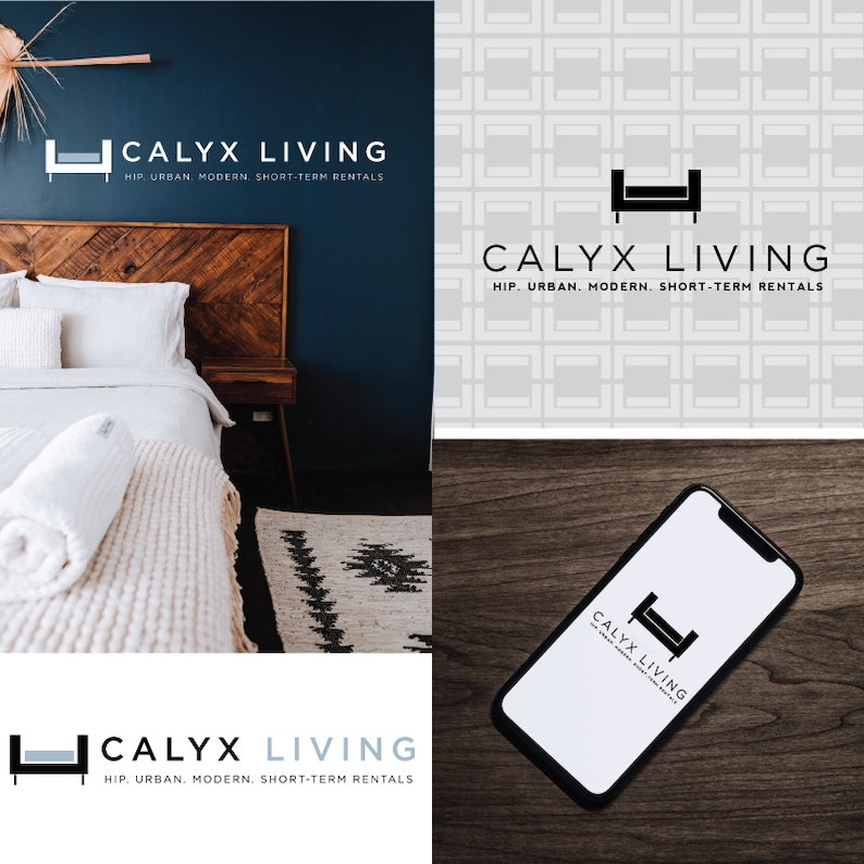 Op de afbeelding: De afbeelding toont het logo van Calyx Living, een bedrijf voor kortetermijnverhuur. Het logo, met een bedpictogram en de tekst "CALYX LIVING", wordt vergezeld door de slogan "HIP. URBAN. MODERN. SHORT-TERM RENTALS." Het logo verschijnt op een telefoon, een muur en een patroon.