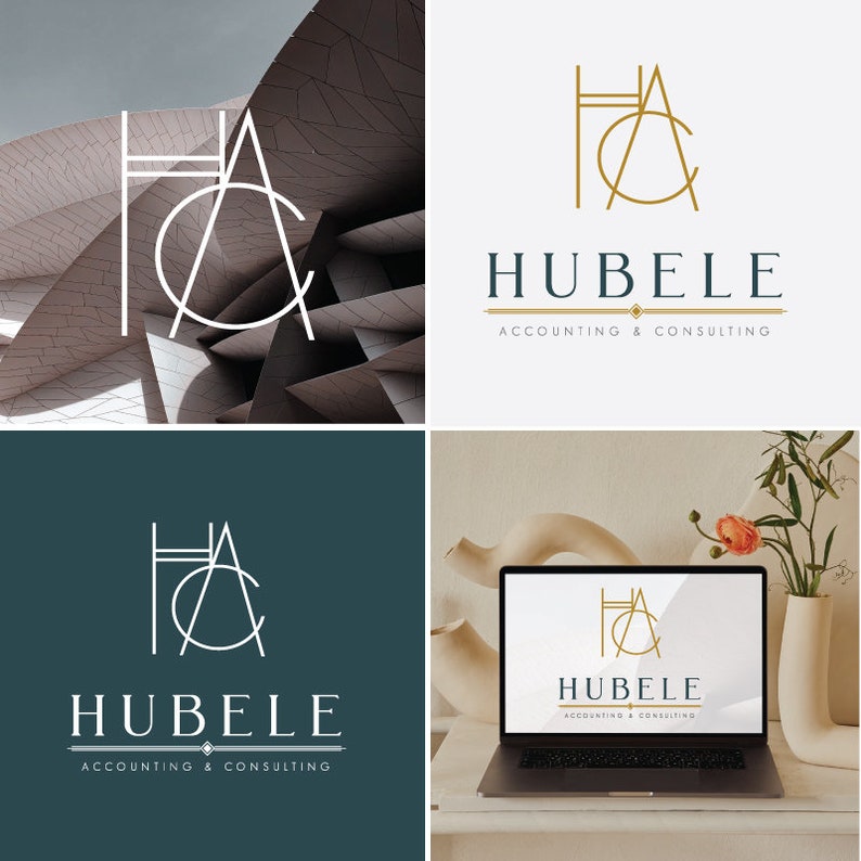 Op de afbeelding: Vier varianten van een logo voor "Hubele Accounting & Consulting". Het ontwerp bevat de letters "HAC" in een gestileerd lettertype. De naam "Hubele" staat eronder, met "Accounting & Consulting" eronder.