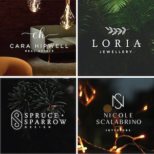 Op de afbeelding: Een collage van vier logo's tegen donkere achtergronden. De logo's zijn: "Cara Hipwell Real Estate", "Loria Jewellery", "Spruce + Sparrow Design" en "Nicole Scalabrino Interiors". Elk logo heeft een uniek ontwerp en lettertype.