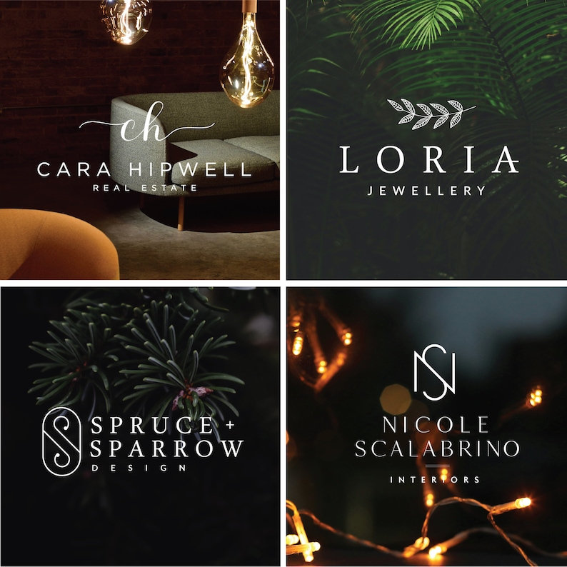 Op de afbeelding: Een collage van vier logo's tegen donkere achtergronden. De logo's zijn: "Cara Hipwell Real Estate", "Loria Jewellery", "Spruce + Sparrow Design" en "Nicole Scalabrino Interiors". Elk logo heeft een uniek ontwerp en lettertype.