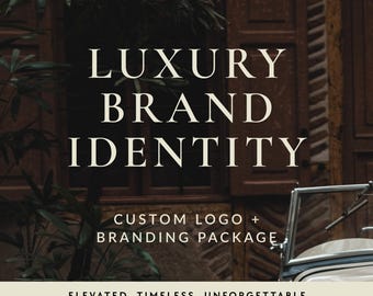 May include: A graphic design advertisement featuring the text LUXURY BRAND IDENTITY, CUSTOM LOGO + BRANDING PACKAGE, and ELEVATED. TIMELESS. UNFORGETTABLE. The background displays a dark wooden window frame, green foliage, and a cream-colored vintage car.