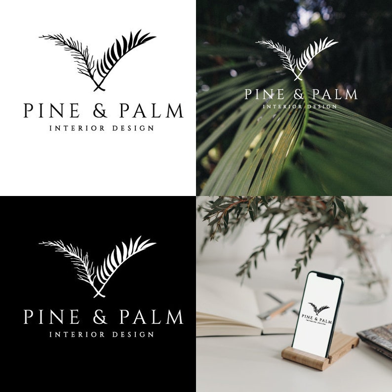 Op de afbeelding: De afbeelding toont het logo "Pine & Palm Interior Design" in verschillende contexten. Het logo heeft een gestileerd palmbladontwerp. De tekst is in een schreefletter. De afbeelding bevat een telefoon met het logo en een zwart-witversie van het logo.
