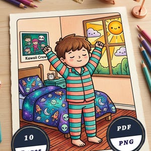 May include: A colorful illustration of a child waking up in a bedroom. The child is wearing striped pajamas. The bed has a space-themed comforter. The image includes the text "Kawaii Crew", "10 Pages", "PDF", and "PNG". Colored pencils and a small clock are also visible.