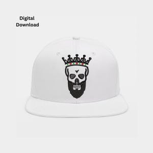 May include: A white baseball cap featuring an embroidered graphic of a skull wearing a black crown with small red and green accents. The skull has a thick black beard and the text Digital Download is printed in the upper left corner of the image.