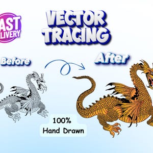 May include: Image showcasing vector tracing services. The image features a before-and-after comparison of a dragon illustration. The "Before" image is a black and white outline, while the "After" image is a detailed, colored dragon. Text includes "Vector Tracing," "Fast Delivery," and "100% Hand Drawn."
