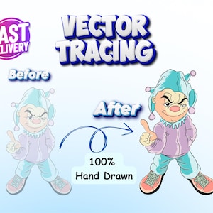 May include: An illustration showcasing vector tracing services. The image features a cartoon jester character before and after vectorization, with the text "Vector Tracing" and "100% Hand Drawn". A "Fast Delivery" badge is also included.