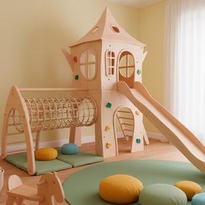Wooden Indoor Playground with Climbing Wall Slide & Rope Bridge for Active Play monkey Bar
