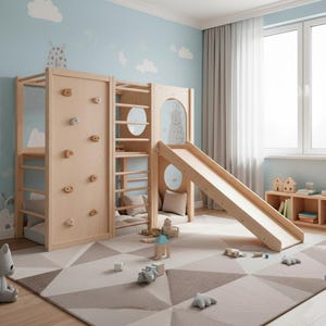 Indoor Wooden Kids Playset with Slide & Climbing Wall – Safe Home Playground for Active Fun and Imaginative Play Ages 2–10