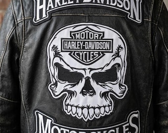 Harley Davidson Willie Rockers Skull Embroidery Patch Set (3 Pcs) – Iron-On Jacket Vest Apparel
