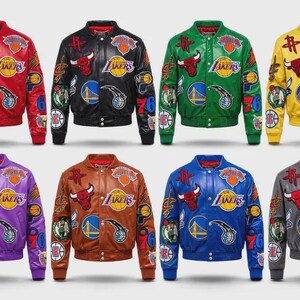Men’s NBA Patchwork Leather Varsity Jacket, Cowhide Bomber Coat