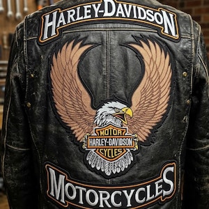 Puede incluir: Chaqueta de moto de cuero negro con parches de Harley-Davidson. La parte trasera muestra un gran emblema de águila con las alas extendidas y el logotipo de Harley-Davidson. La chaqueta tiene un aspecto desgastado.