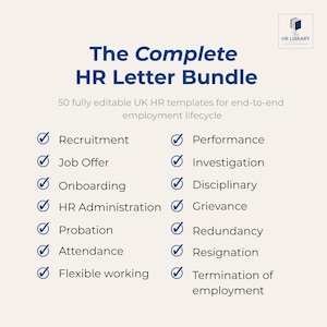 Puede incluir: Gráfico color crema con el texto "The Complete HR Letter Bundle" en azul oscuro. La imagen enumera 50 plantillas de RRHH del Reino Unido editables, incluyendo Reclutamiento, Oferta de trabajo y Onboarding. El logo de HR Library está en la esquina superior derecha.