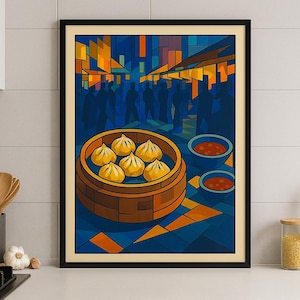 Könnte beinhalten: Ein gerahmter Kunstdruck, der eine lebendige Streetfood-Szene darstellt. Das Kunstwerk zeigt einen hölzernen Dampfkorb mit Knödeln, zwei Schalen mit Dip-Soße und Silhouetten in einem farbenfrohen, geometrischen Stil. Die Farbpalette umfasst Blau-, Orange- und Gelbtöne.