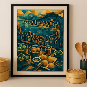 Könnte beinhalten: Ein gerahmter Kunstdruck mit einer geometrischen Illustration einer Stadtlandschaft und einer Tischdekoration mit Dim Sum. Die Farbpalette umfasst Türkis, Gold und Orange. Holz-Dämpfer und Utensilien sind ebenfalls vorhanden.