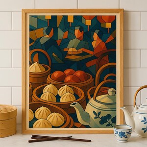 Könnte beinhalten: Ein gerahmter Druck, der eine stilisierte asiatische Restaurantszene mit Dim-Sum-Körben, Knödeln und einer Teekanne darstellt. Das Kunstwerk verwendet Blau-, Orange- und Brauntöne. Ein hölzerner Dampfgarer und eine Teekanne mit blauem Blumendesign sind im Vordergrund.