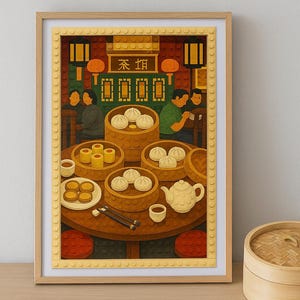 Könnte beinhalten: Gerahmter Kunstdruck einer Restaurantszene mit einem Tisch voller Dim Sum. Das Kunstwerk zeigt Personen, Bambusdämpfer, Knödel, Tee und Essstäbchen. Das Restaurant-Schild hat chinesische Schriftzeichen. Der Rahmen ist hellbraun.