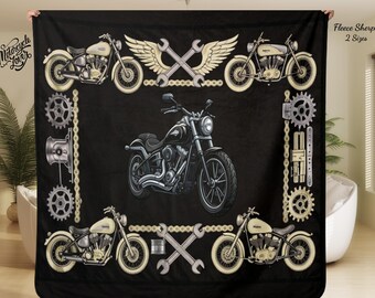 Vintage Motorcycle Border Fleece Sherpa Blanket | Biker Engine Wrench Design,Sherpa Throw Motorcycle Lover, Biker Decor Blanket