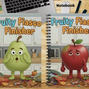 May include: Two spiral-bound notebooks featuring the text Fruity Fiasco Finisher. The left notebook shows a surprised green pear character, while the right notebook displays a sad red apple character, both set against a kitchen background.