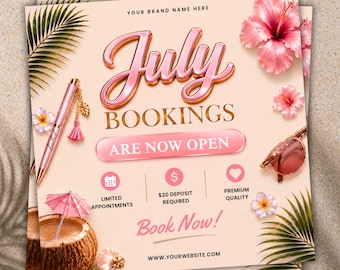Folleto de reservas de verano, folleto de reservas de julio, especial de pestañas, trenzas y uñas (descarga instantánea)