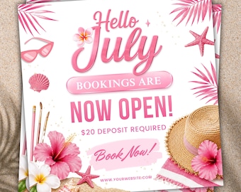 Folleto de reservas de verano / Folleto de reservas de julio / Folleto de ofertas especiales de verano de julio / Folleto de rebajas de verano / Peluquero/a / Técnico/a de pestañas / Maquillador/a / Técnico/a de uñas