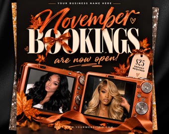 Puede incluir: Un gráfico promocional con el texto November BOOKINGS are now open! y dos cámaras digitales de color cobre que muestran retratos. El diseño incluye hojas de arce otoñales, una cinta marrón y una etiqueta que indica $25 DEPOSIT REQUIRED.