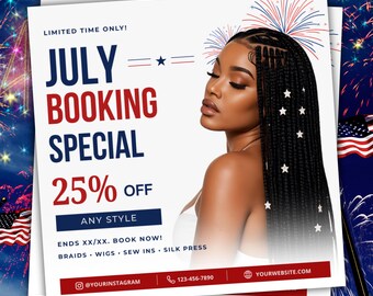 Folleto de salón de belleza para el 4 de julio: Ofertas del Día de la Independencia, Tema sencillo (Plantilla digital de Canva para descargar)