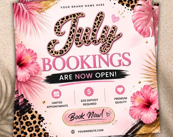 Folleto de reservas de verano, folleto de reservas de julio, especial de pestañas, trenzas y uñas (descarga instantánea)