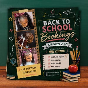 May include: A promotional flyer for hair braiding services featuring three photos of braided hairstyles, the text BACK TO SCHOOL BOOKINGS ARE NOW OPEN, a list of services including knotless, stitch, boho, and kids braids, and a $20 deposit notice.