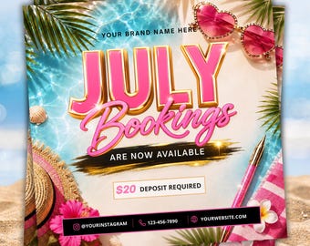 Folleto de reservas de verano / Folleto de ofertas especiales de verano de julio / Folleto de rebajas de verano / Peluquero/a / Técnico/a de pestañas / Maquillador/a / Técnico/a de uñas / Folleto de rebajas