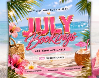 Folleto de reservas de verano / Folleto de reservas de julio / Folleto de ofertas especiales de verano de julio / Folleto de rebajas de verano / Peluquero/a / Técnico/a de pestañas / Maquillador/a / Técnico/a de uñas