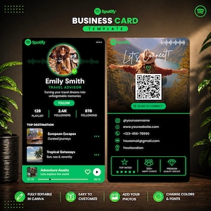 Könnte beinhalten: Eine schwarze Visitenkartenvorlage mit Spotify-Thema. Die Karte zeigt ein Foto einer Frau, Kontaktinformationen und einen QR-Code. Der Text enthält "Emily Smith, Travel Advisor" und "Let's Connect!"
