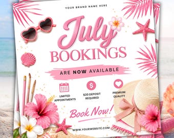 Folleto de reservas de julio, Reservas mensuales, Folleto de reservas de verano, Reservas de julio abiertas, Peluquería, uñas, pestañas y maquillaje, Plantilla de Canva, Editable