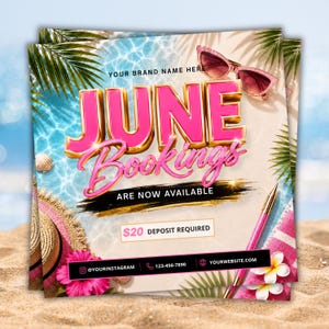 Puede incluir: Folleto promocional con temática de verano con el texto "JUNE Bookings" en rosa y dorado. El diseño incluye gafas de sol, un sombrero y flores tropicales. También se muestra el texto "ARE NOW AVAILABLE".