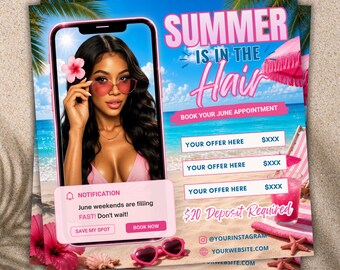 Plantilla de folleto publicitario Hot Girl Summer / Plantilla editable de Canva para cabello, uñas, pestañas y maquillaje (descarga digital)