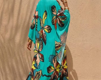 Caftán de rayón estilo bohemio para la playa, vestido maxi extragrande, ropa de resort tropical.