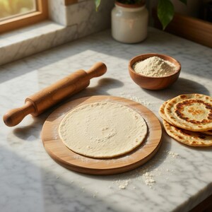 Könnte beinhalten: Ein hölzerner Nudelholz, ein rundes Holzschneidebrett mit einem abgeflachten Teigkreis, eine kleine Holzschüssel gefüllt mit Mehl und mehrere gebackene Fladenbrote sind auf einer Marmorarbeitsplatte angeordnet. Die Szene deutet auf Backen oder Kochen hin.