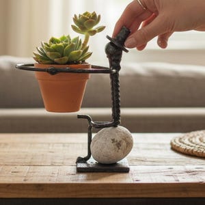May include: A dark metal sculpture of a seated figure wearing a top hat, holding a terracotta pot containing a green succulent plant. The figure is perched on a smooth, light-colored oval stone base, which rests on a square metal platform.