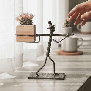 May include: A whimsical metal sculpture of a person carrying two small potted cacti. One cactus is in a wooden planter, the other in a white pot. The sculpture is on a rectangular base, with a hand reaching towards the cacti.