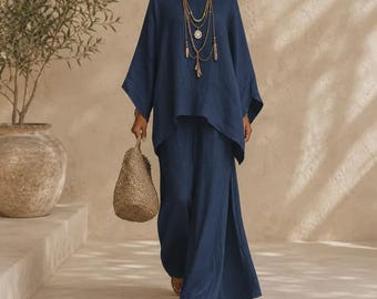 Damen Baumwolle Leinen Kaftan Set - Lockere Passform Boho Lounge Outfit - Eleganter Zweiteiler mit weitem Bein