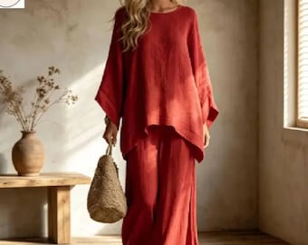 Women’s Cotton Linen Kaftan Set – Loose Fit Boho Lounge Outfit – Elegant Wide Leg Two Piece Suit