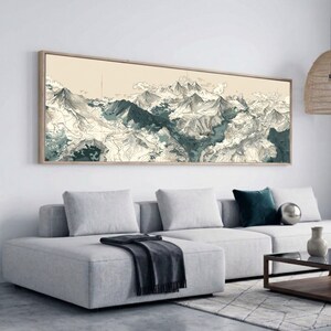 Lienzo con mapa de cordillera vintage, arte mural panorámico de paisaje, ilustración horizontal de la naturaleza, lienzo topográfico decorativo, hogar rústico