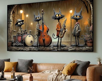 Jazz Cats Band Canvas Wall Art, Street Music Scene, Nighttime Urban Canvas, Whimsical Cat Musicians, Home Decorative Canvas